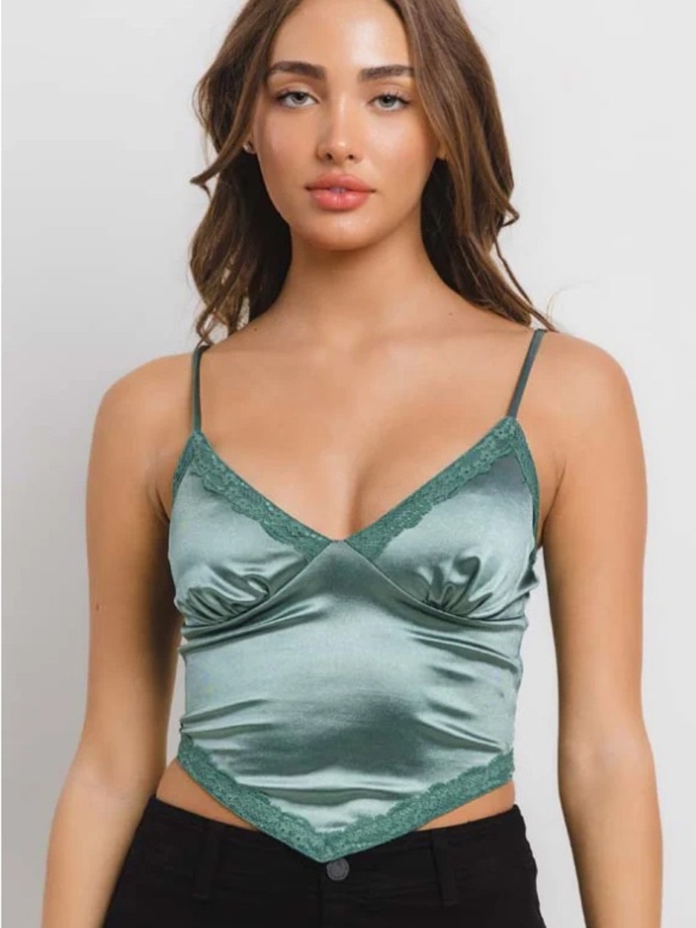 American Threads Satin Lace Trim V-Neck Cami - Sage